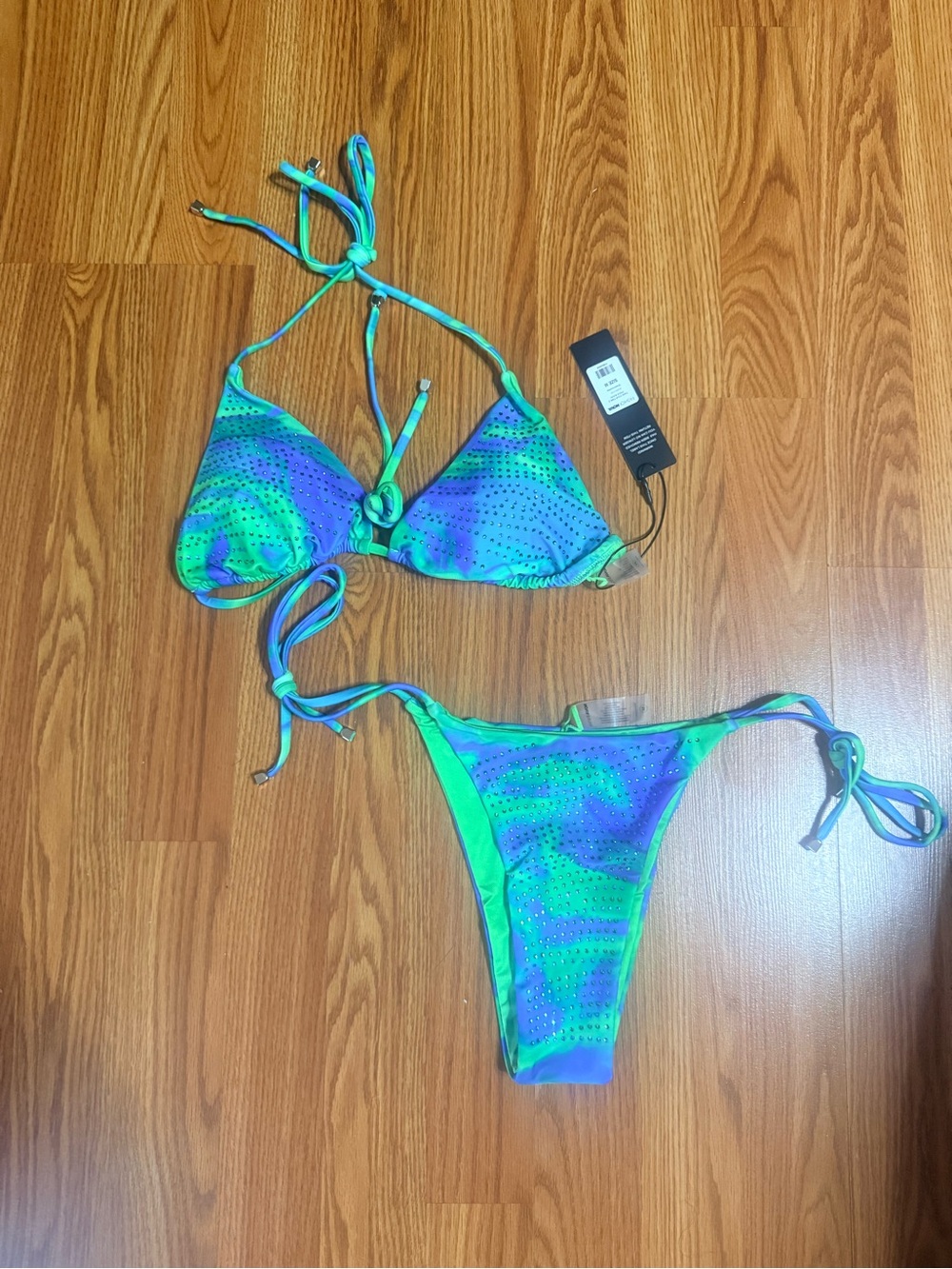 Fashion Nova Green and Blue Rhinestone Bikini Bottom